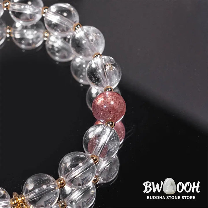 Buddha Stones White Crystal Strawberry Quartz Healing Attract Fortune Charm Bracelet - BWOOOH - White Crystal(Wrist