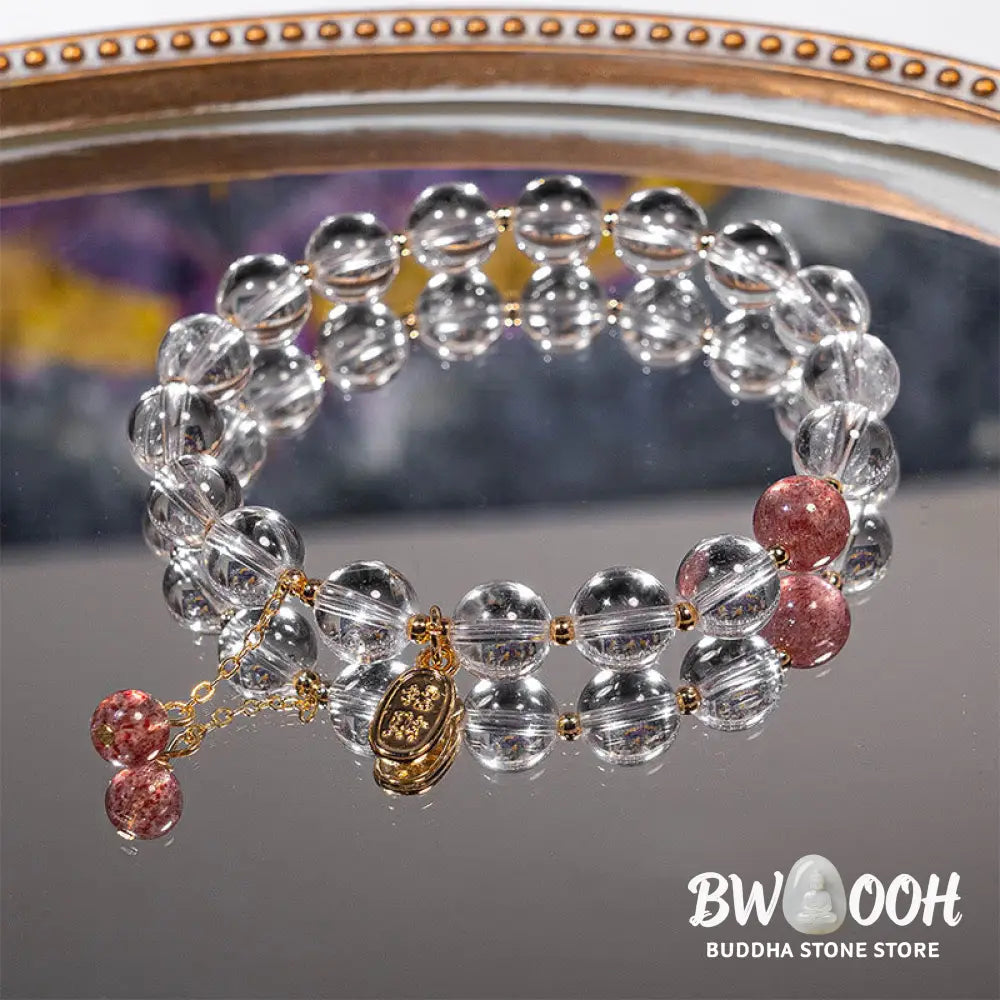 Buddha Stones White Crystal Strawberry Quartz Healing Attract Fortune Charm Bracelet - BWOOOH - White Crystal(Wrist