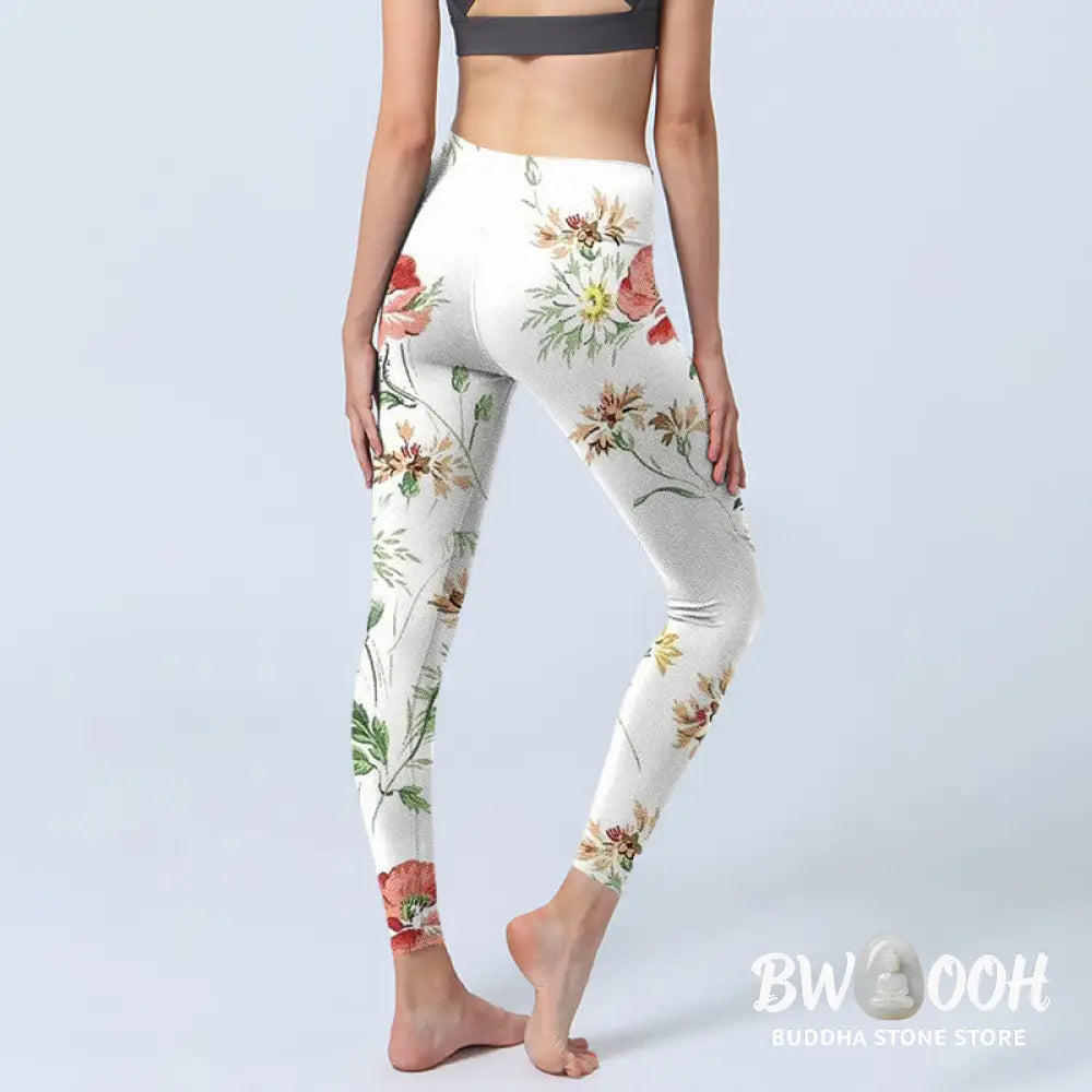 BWOOOH printed yoga leggings - White Daisy Red Flower Print Sports Legg