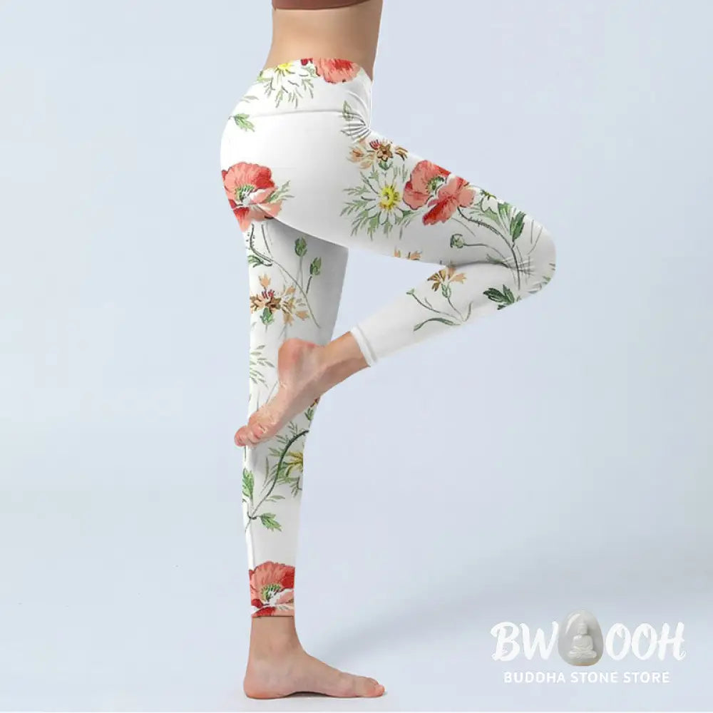 BWOOOH printed yoga leggings - White Daisy Red Flower Print Sports Legg