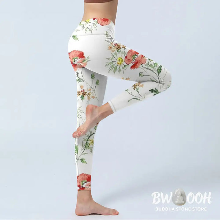 BWOOOH printed yoga leggings - White Daisy Red Flower Print Sports Legg