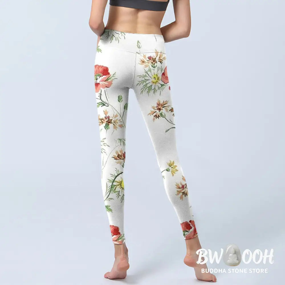 BWOOOH printed yoga leggings - White Daisy Red Flower Print Sports Legg