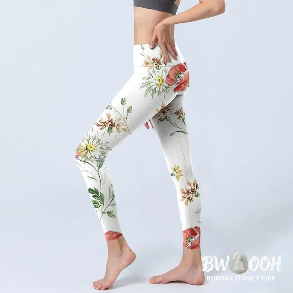 BWOOOH printed yoga leggings - White Daisy Red Flower Print Sports Legg