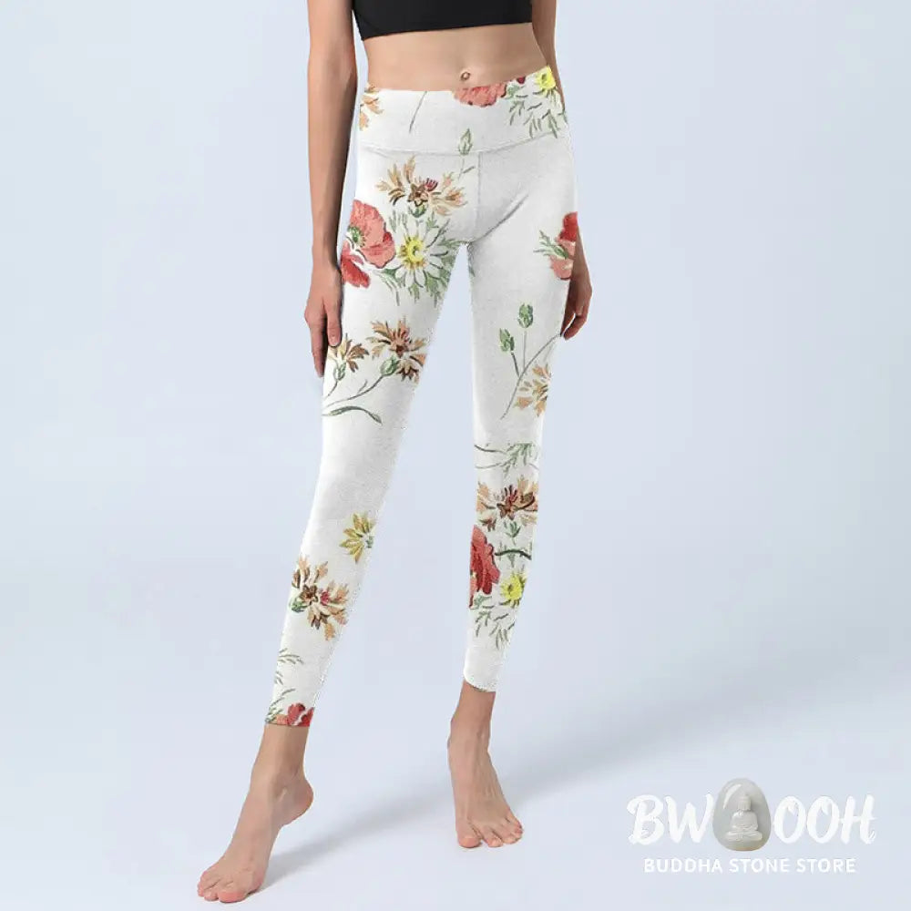 BWOOOH printed yoga leggings - White Daisy Red Flower Print Sports Legg