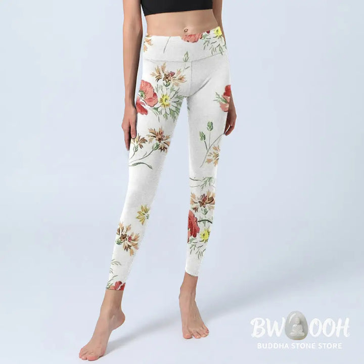 BWOOOH printed yoga leggings - White Daisy Red Flower Print Sports Legg