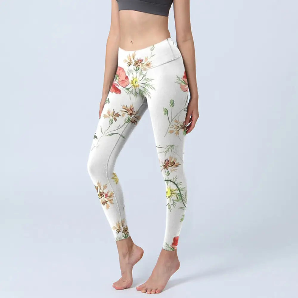 BWOOOH printed yoga leggings - White Daisy Red Flower Print Sports Legg