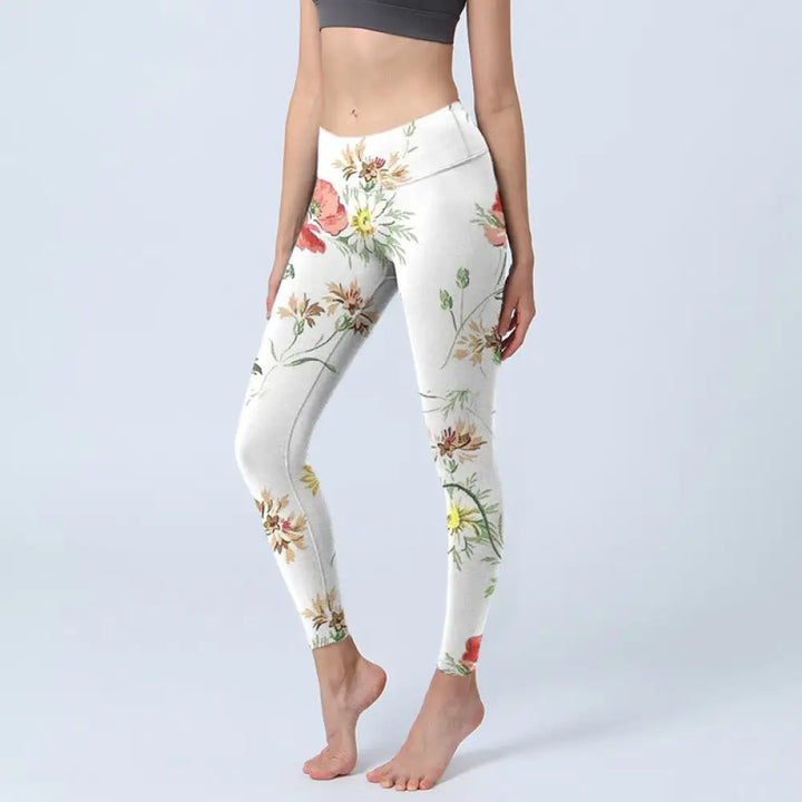 BWOOOH printed yoga leggings - White Daisy Red Flower Print Sports Legg