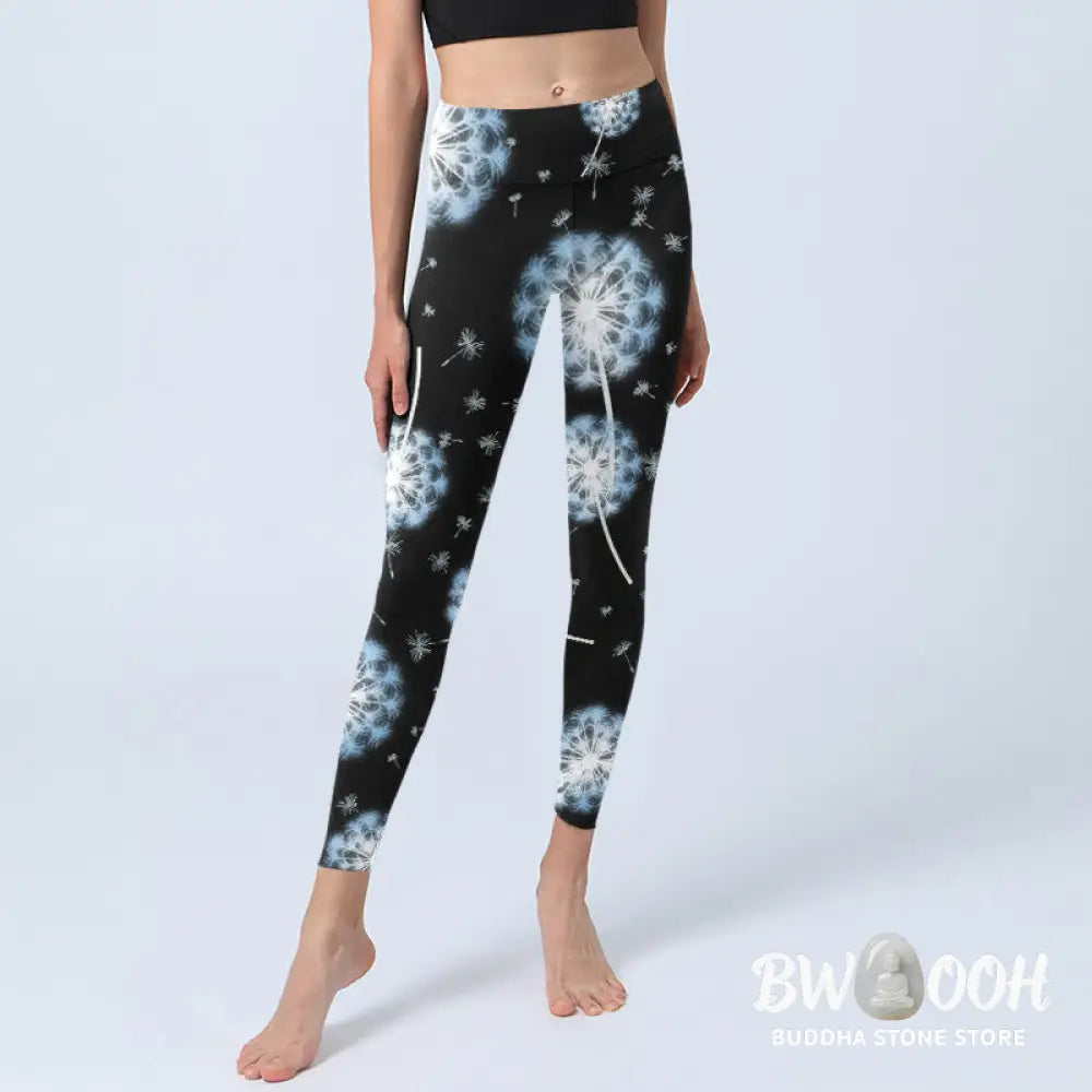 BWOOOH printed yoga leggings - White Dandelion Pattern Print Gym Leggin