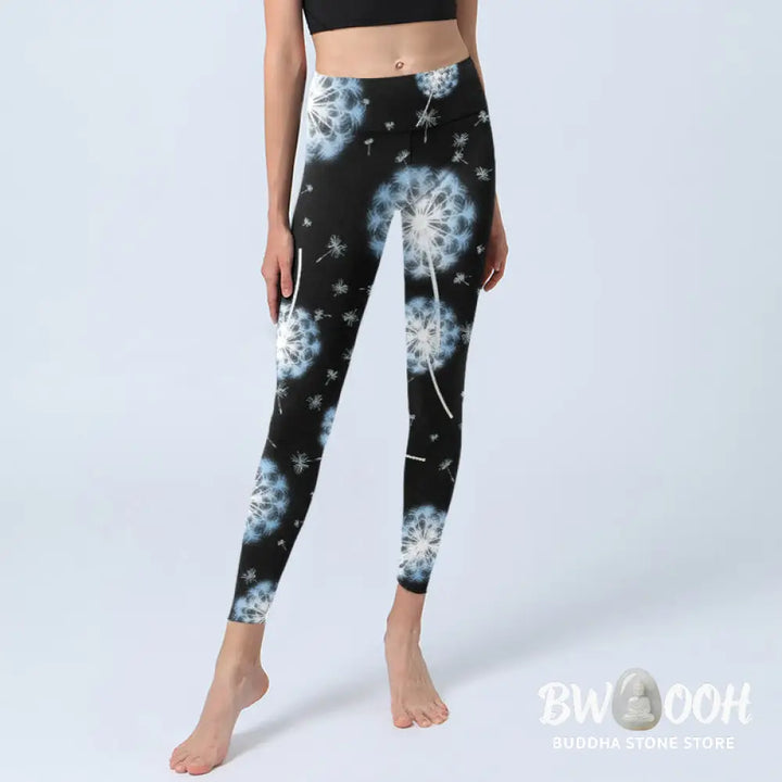 BWOOOH printed yoga leggings - White Dandelion Pattern Print Gym Leggin