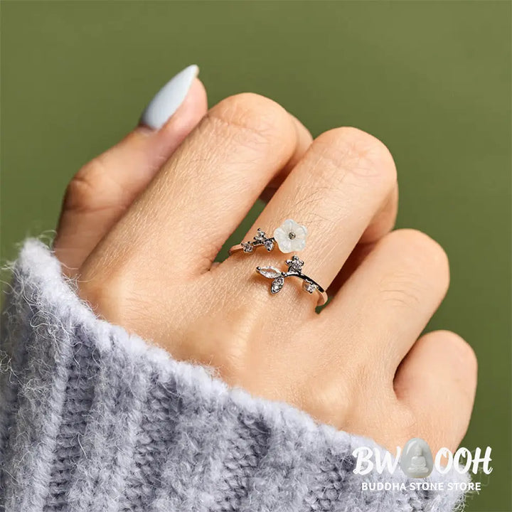 Buddha Stones White Flower Design Adjustable Healing Copper Ring - Ring
