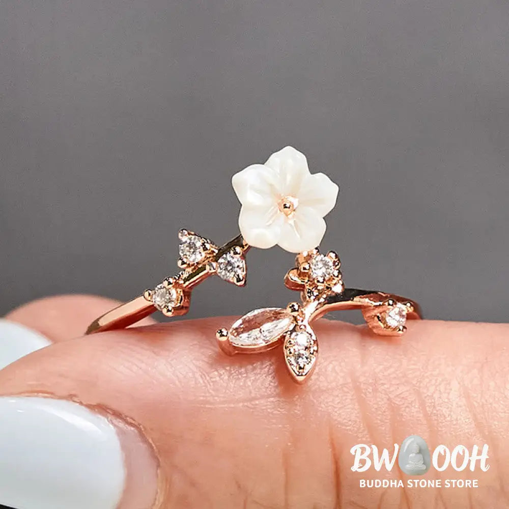 Buddha Stones White Flower Design Adjustable Healing Copper Ring - Ring