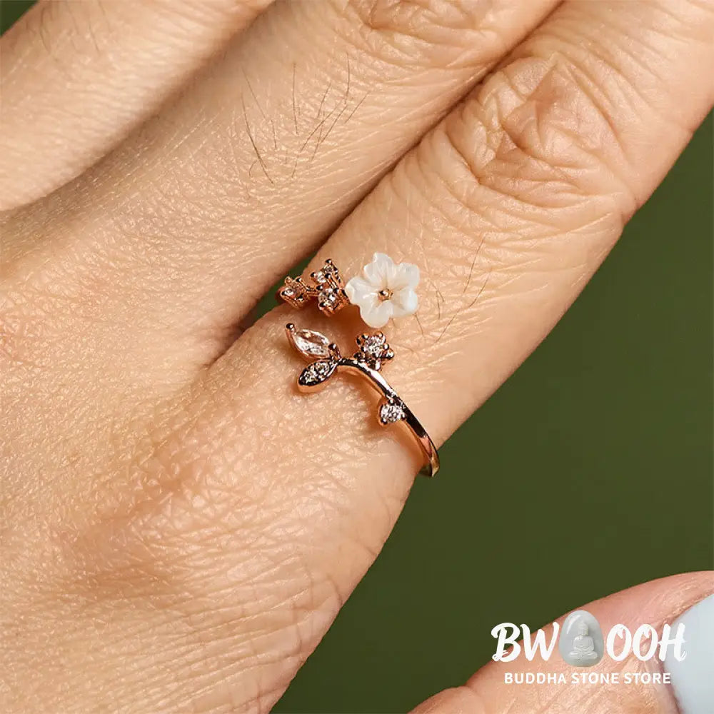Buddha Stones White Flower Design Adjustable Healing Copper Ring - Ring