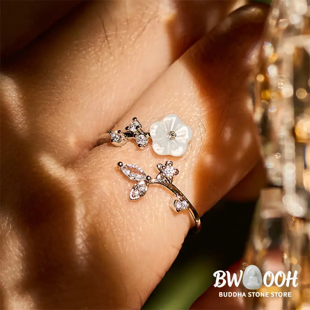 Buddha Stones White Flower Design Adjustable Healing Copper Ring - Ring