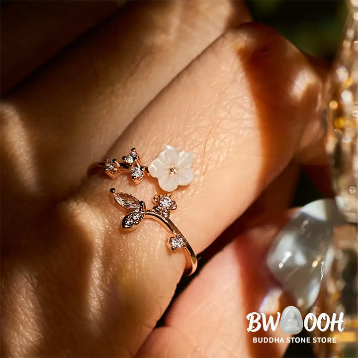 Buddha Stones White Flower Design Adjustable Healing Copper Ring - Ring