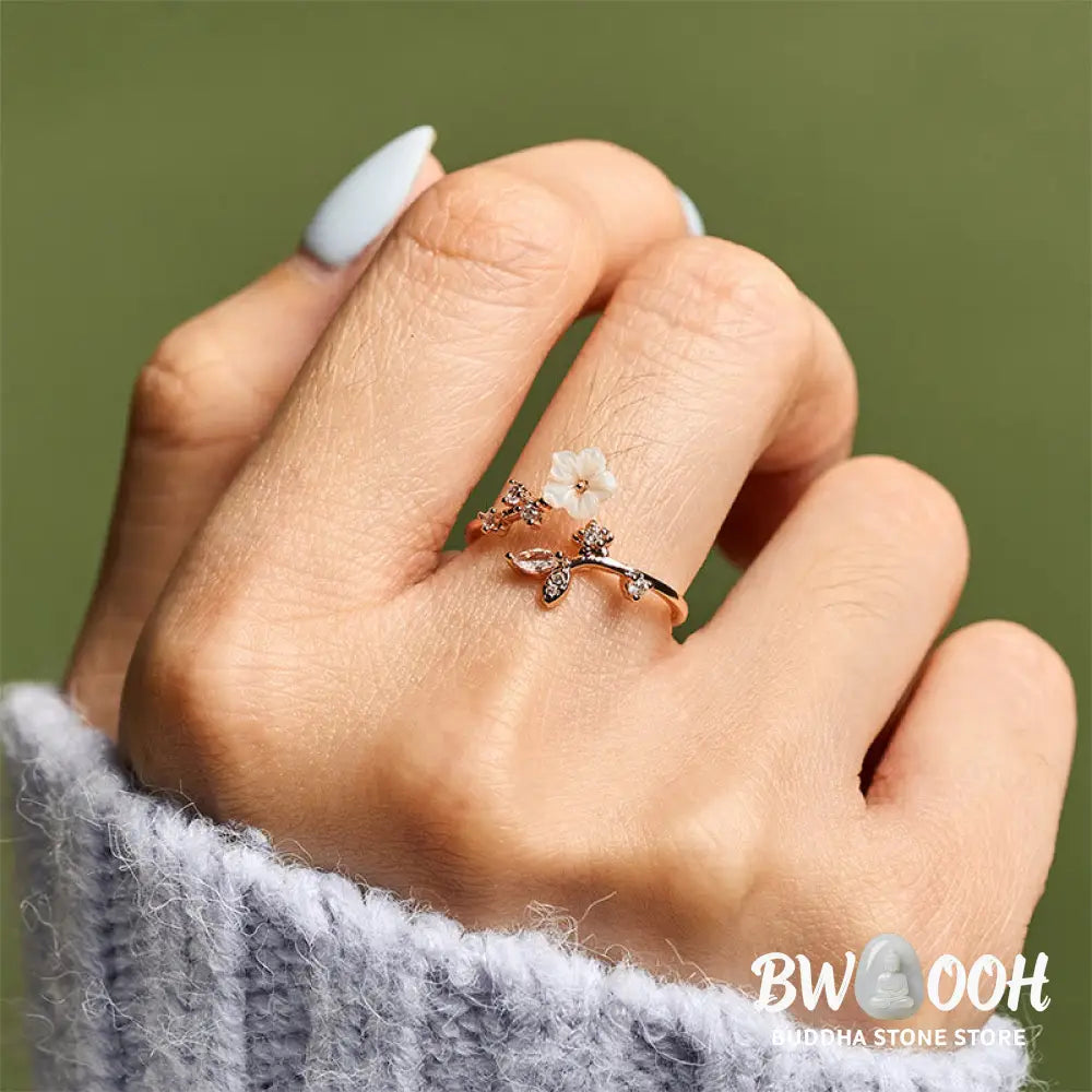 Buddha Stones White Flower Design Adjustable Healing Copper Ring - Ring