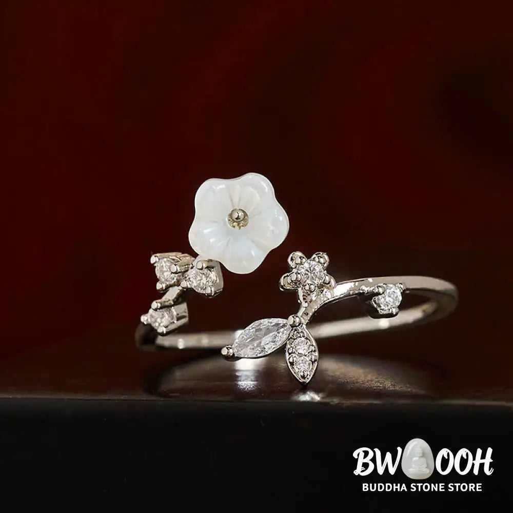 Buddha Stones White Flower Design Adjustable Healing Copper Ring - Ring
