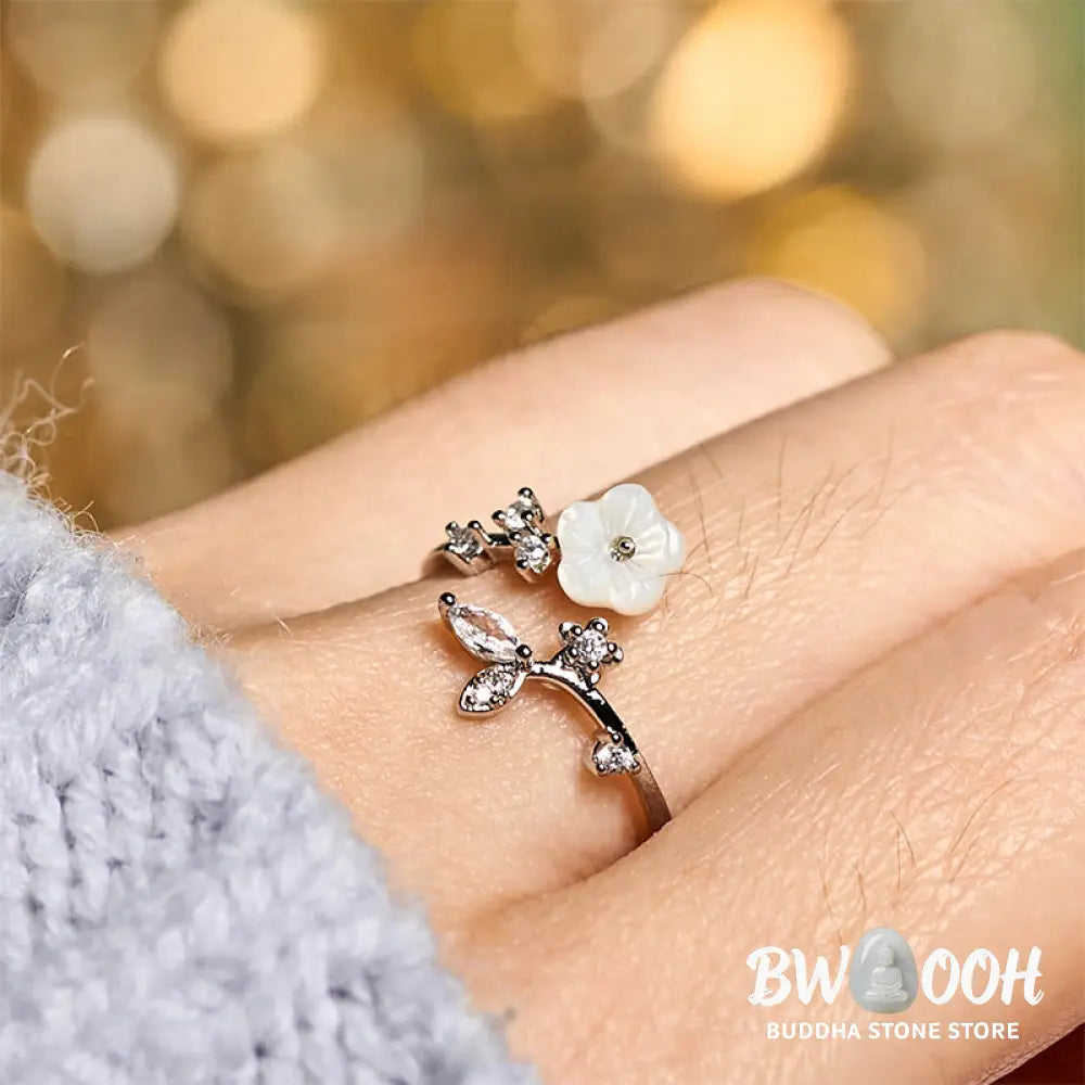 Buddha Stones White Flower Design Adjustable Healing Copper Ring - Ring