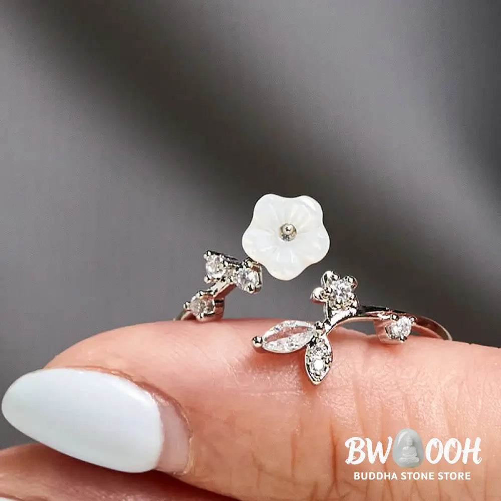 Buddha Stones White Flower Design Adjustable Healing Copper Ring - Ring