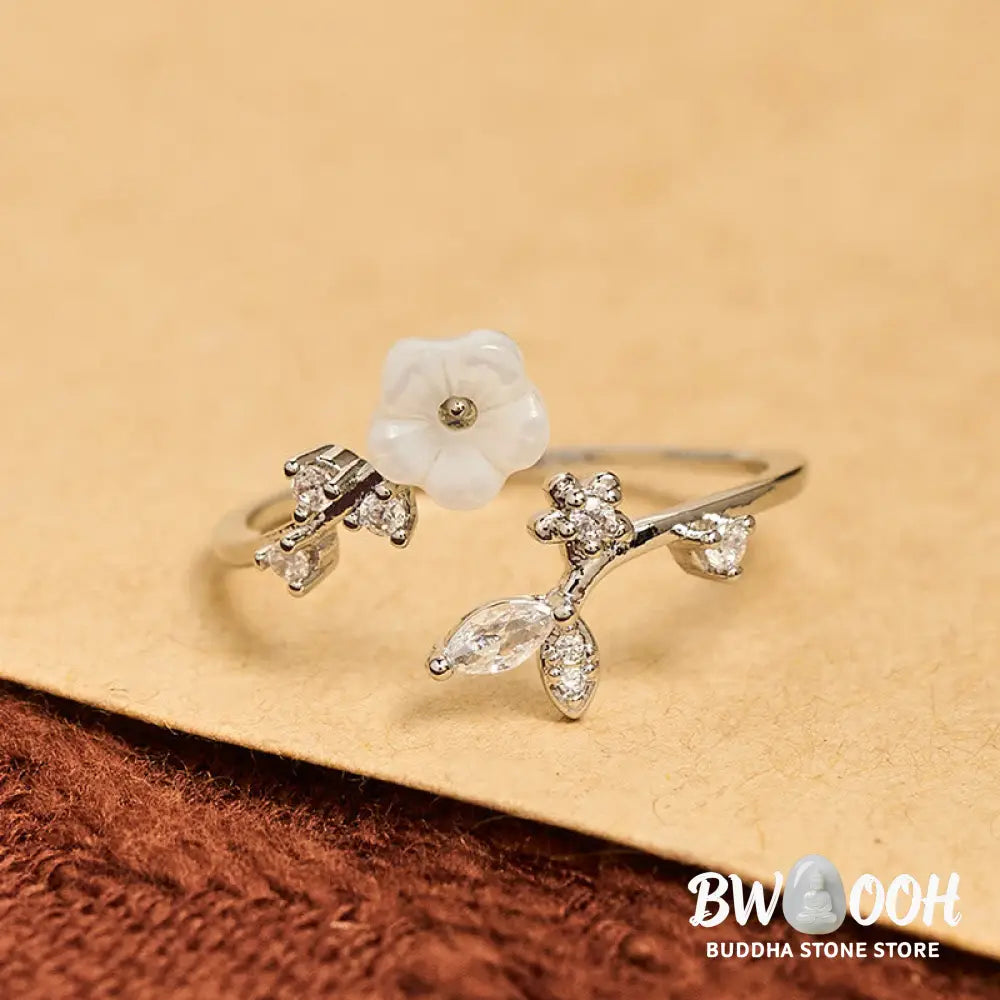 Buddha Stones White Flower Design Adjustable Healing Copper Ring - Ring