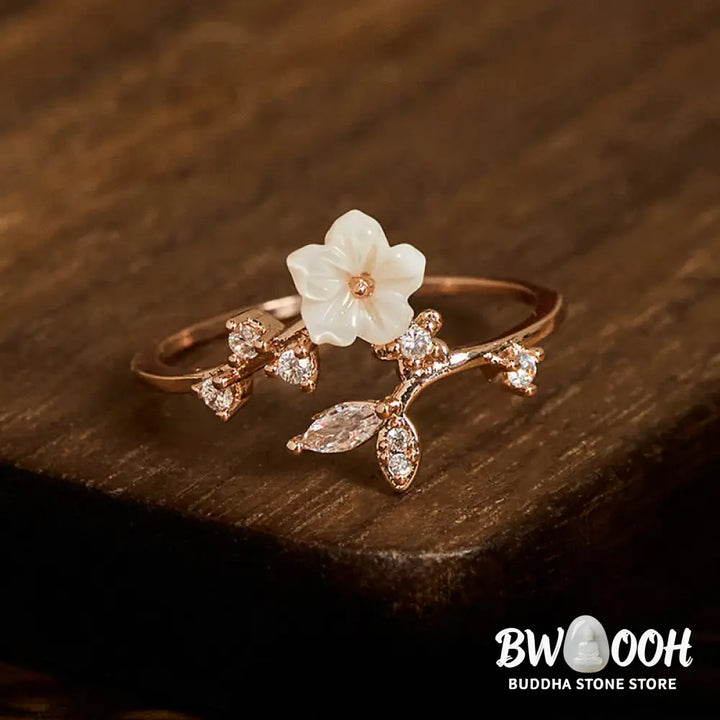 Buddha Stones White Flower Design Adjustable Healing Copper Ring - Ring