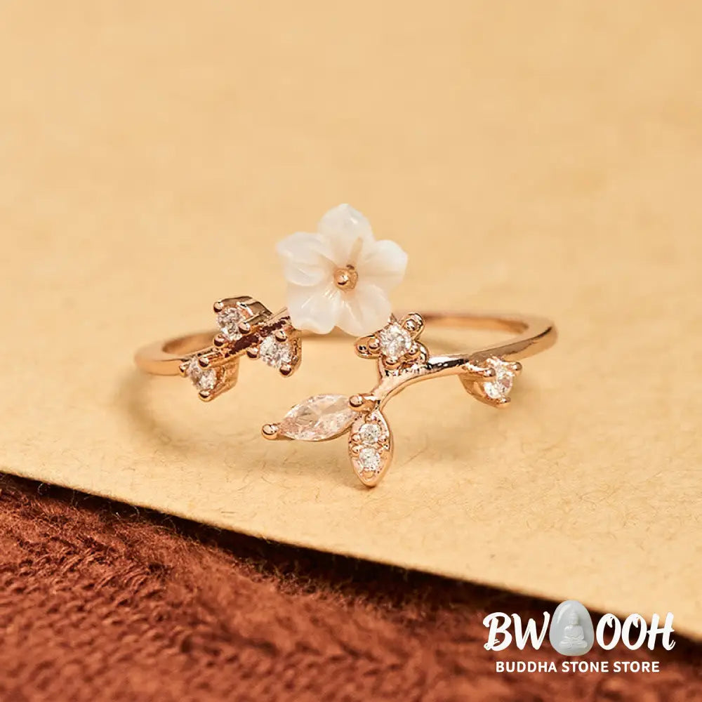 Buddha Stones White Flower Design Adjustable Healing Copper Ring - Ring