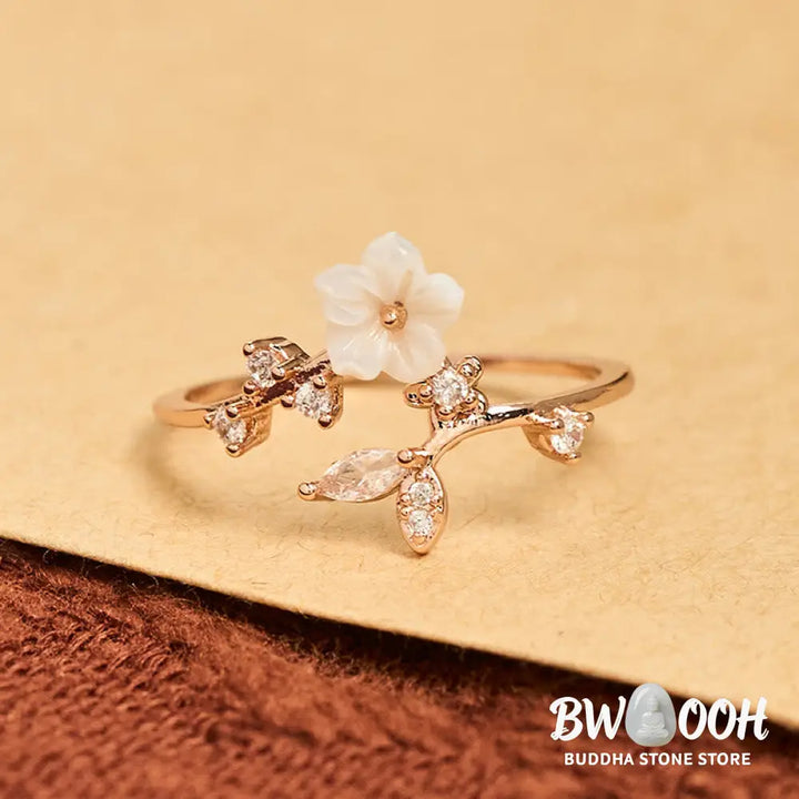 Buddha Stones White Flower Design Adjustable Healing Copper Ring - Ring