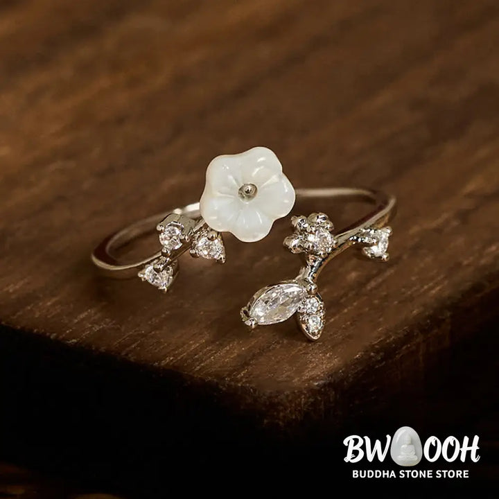 Buddha Stones White Flower Design Adjustable Healing Copper Ring - Ring