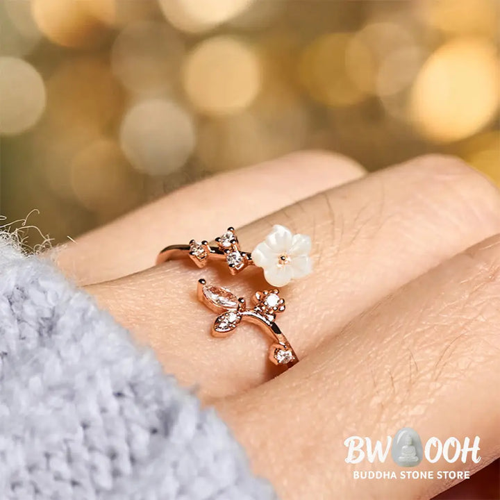 Buddha Stones White Flower Design Adjustable Healing Copper Ring - Ring