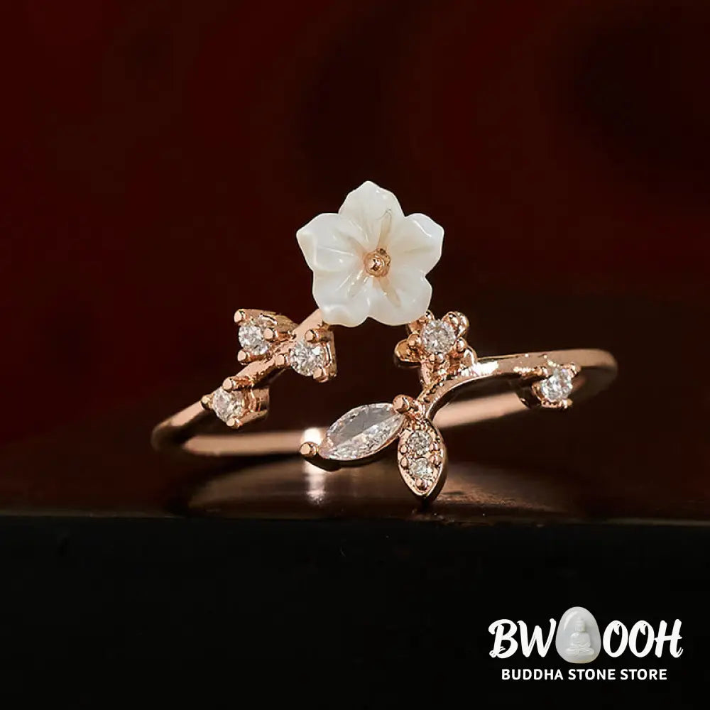 Buddha Stones White Flower Design Adjustable Healing Copper Ring - Ring