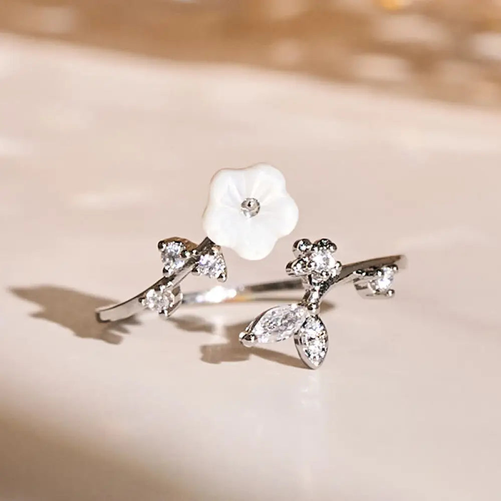 Buddha Stones White Flower Design Adjustable Healing Copper Ring - Silver - Ring