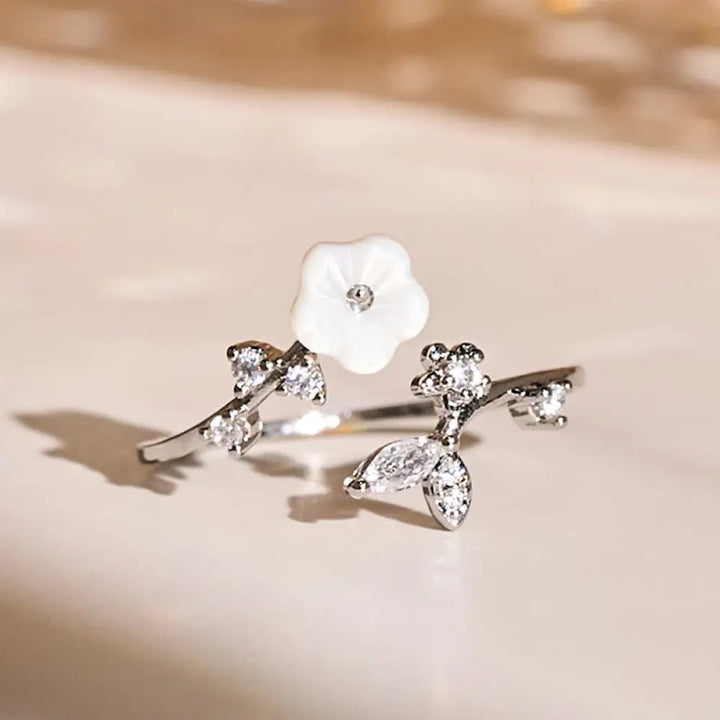 Buddha Stones White Flower Design Adjustable Healing Copper Ring - Silver - Ring