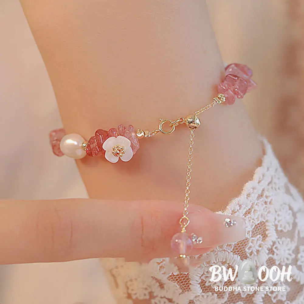 Buddha Stones White Flower Pearl Natural Irregular Strawberry Quartz Healing Chain Bracelet - Strawberry Quartz(Wrist
