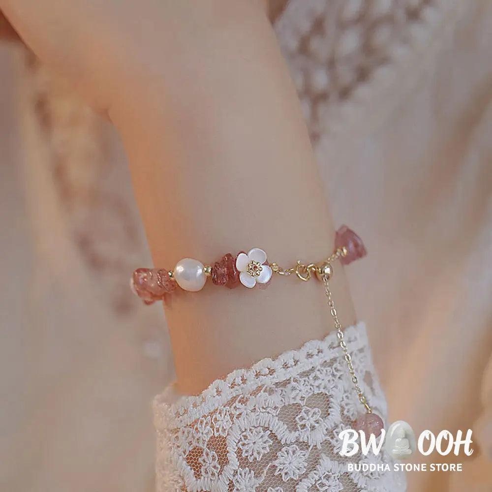Buddha Stones White Flower Pearl Natural Irregular Strawberry Quartz Healing Chain Bracelet - Strawberry Quartz(Wrist