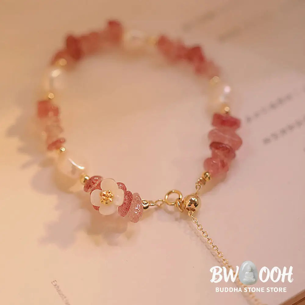 Buddha Stones White Flower Pearl Natural Irregular Strawberry Quartz Healing Chain Bracelet - Strawberry Quartz(Wrist
