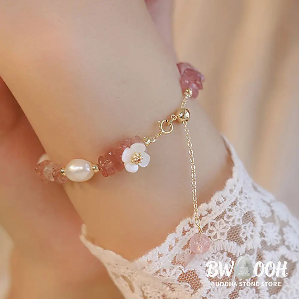 Buddha Stones White Flower Pearl Natural Irregular Strawberry Quartz Healing Chain Bracelet - Strawberry Quartz(Wrist