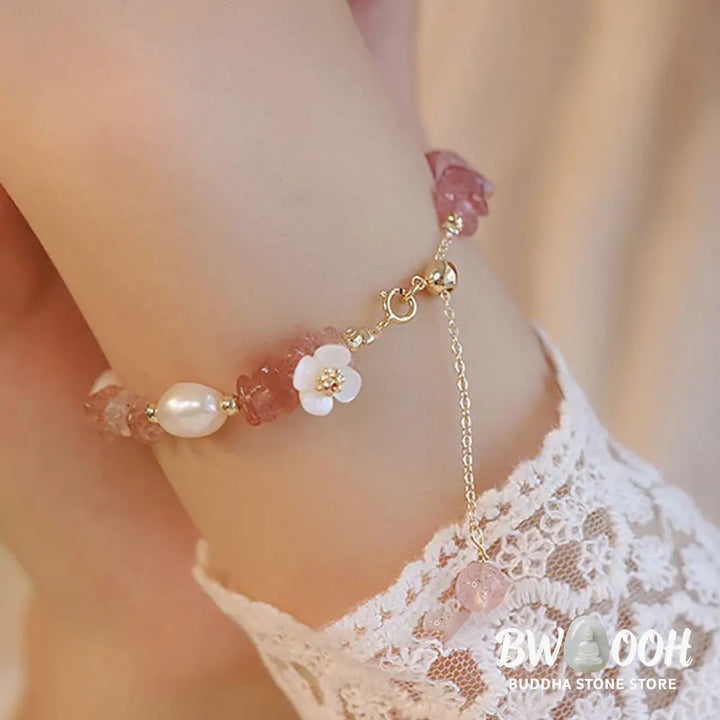 Buddha Stones White Flower Pearl Natural Irregular Strawberry Quartz Healing Chain Bracelet - Strawberry Quartz(Wrist