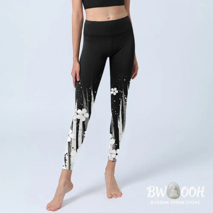 BWOOOH printed yoga leggings - White Flowers Aquatic Plants Pattern Pri