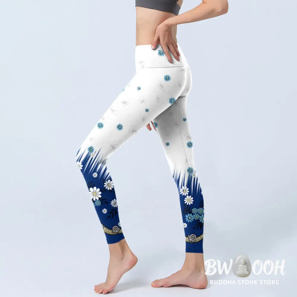 BWOOOH printed yoga leggings - White Flowers Grass Leaves Pattern Print