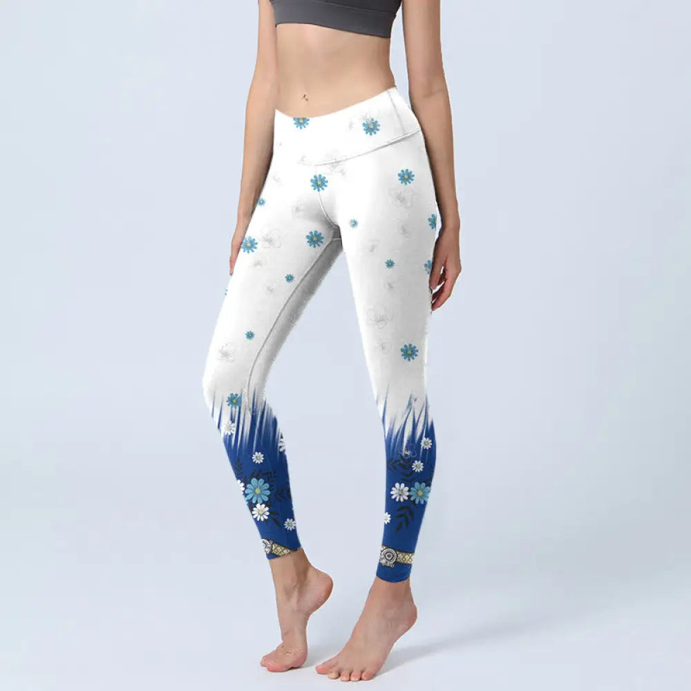 BWOOOH printed yoga leggings - White Flowers Grass Leaves Pattern Print