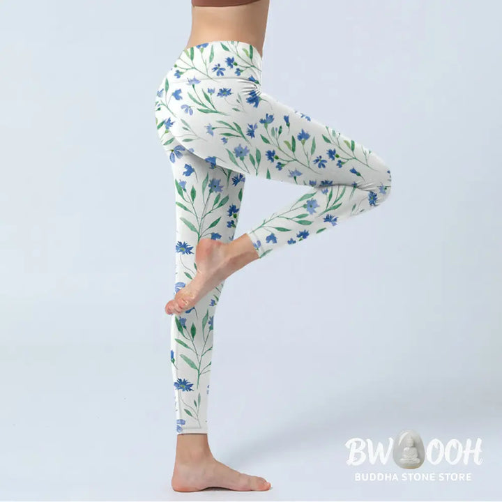 BWOOOH printed yoga leggings - White Flowers Leaf Pattern Print Gym Leg
