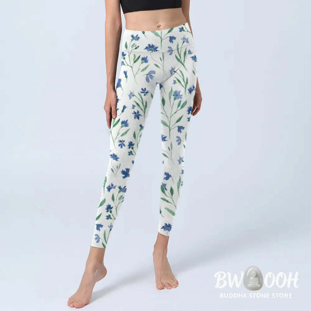 BWOOOH printed yoga leggings - White Flowers Leaf Pattern Print Gym Leg