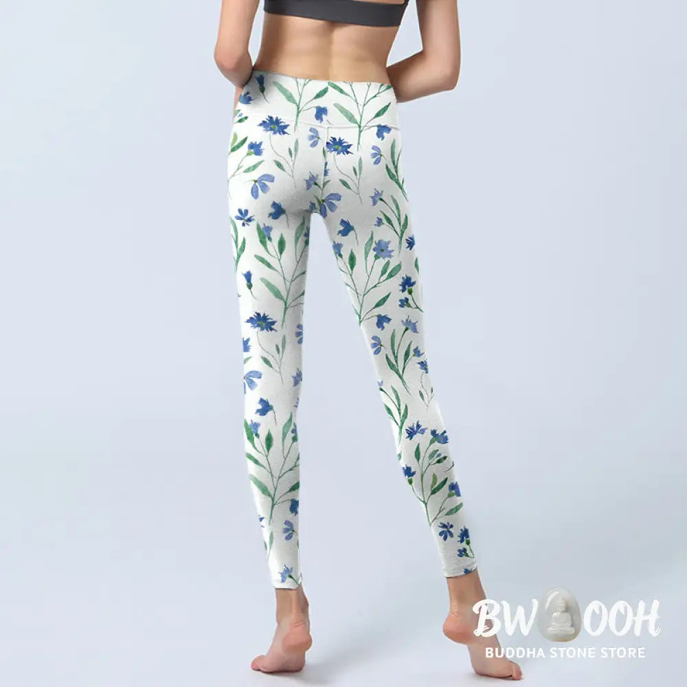 BWOOOH printed yoga leggings - White Flowers Leaf Pattern Print Gym Leg