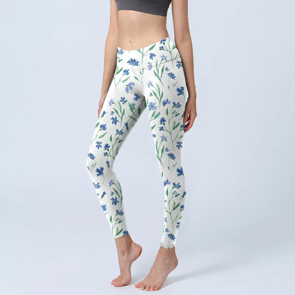 BWOOOH printed yoga leggings - White Flowers Leaf Pattern Print Gym Leg
