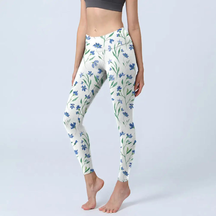 BWOOOH printed yoga leggings - White Flowers Leaf Pattern Print Gym Leg