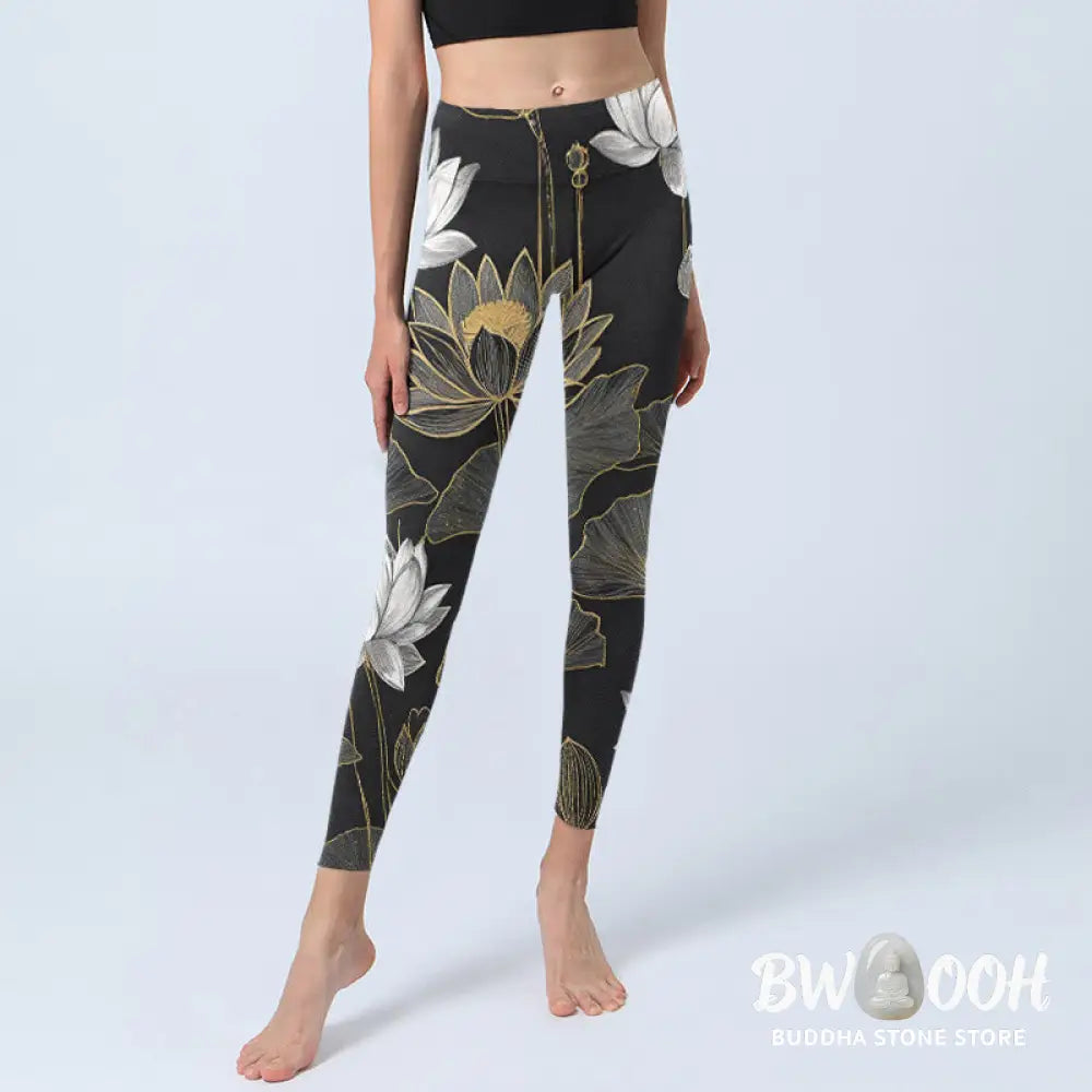BWOOOH lotus print yoga leggings - White Golden Lotus Leaves Print Gym Legg