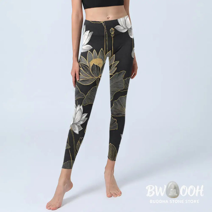 BWOOOH lotus print yoga leggings - White Golden Lotus Leaves Print Gym Legg