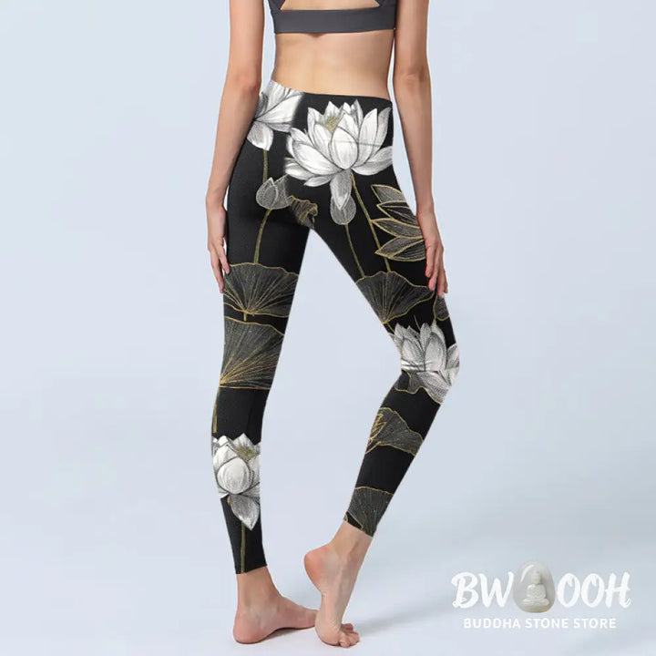 BWOOOH lotus print yoga leggings - White Golden Lotus Leaves Print Gym Legg