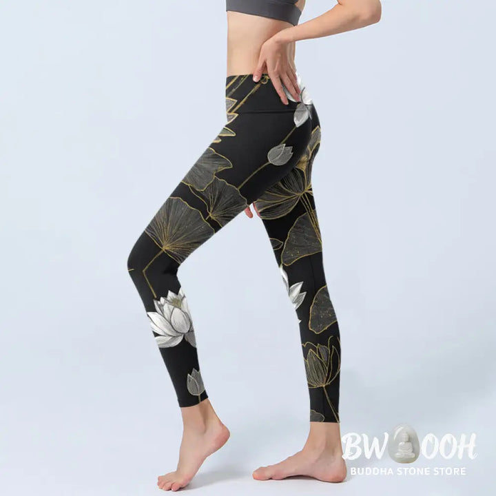 BWOOOH lotus print yoga leggings - White Golden Lotus Leaves Print Gym Legg