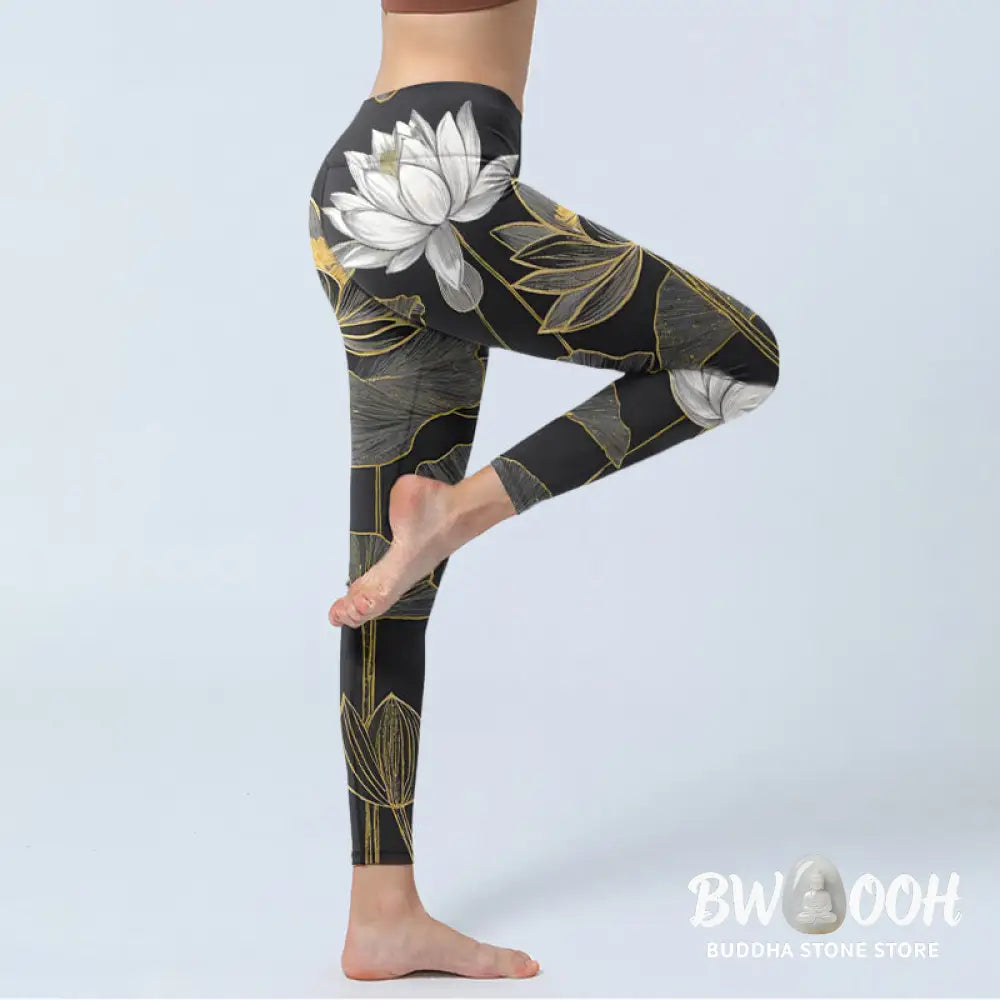 BWOOOH lotus print yoga leggings - White Golden Lotus Leaves Print Gym Legg