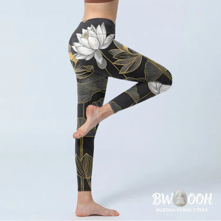 BWOOOH lotus print yoga leggings - White Golden Lotus Leaves Print Gym Legg